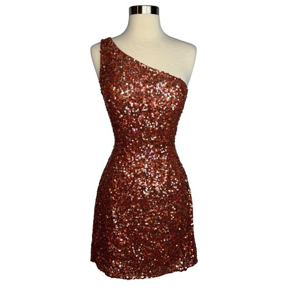 Scala Dresses & Skirts - Vintage Scala One-Shoulder Full Sequin and Silk Mini Dress Sparkling Rust Orange